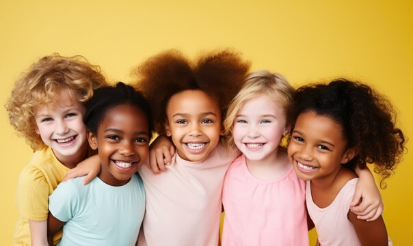 Happy girl kids group on yellow background