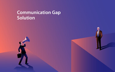 Young businessman uses a megaphone to bridge the gap with an older colleague across an abyss. Symbolizes effective communication, collaboration, and breaking of generational barriers in business world
