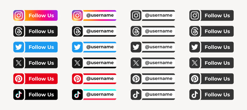 Follow us social media icon buttons vector isolated. Follow us social media label design template, instagram, threads app, twitter, X, pinterest, tiktok logo icons