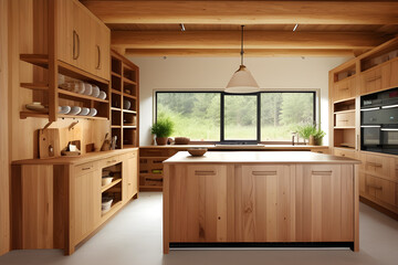 Kitchen interior in eco style and furniture made of natural wood. Open storage on shelves, natural materials in interior design. Kitchen interior. 3d rendering