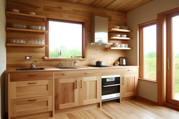 Kitchen interior in eco style and furniture made of natural wood. Open storage on shelves, natural materials in interior design