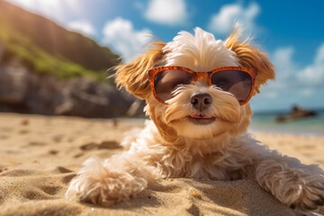 A cute dog with sunglasses on the sand beach near by the sea