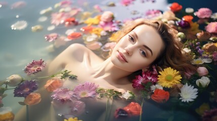 beautiful young woman relaxing in Spa bathing with flowers, Generative AI