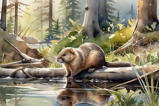 A beaver next to the pond in the forest