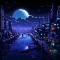 Midnight Magic: Mario's Nighttime Coastal Quest in Pixel Art