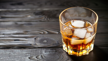 Glass of whiskey with ice cubes on a black table against wooden background