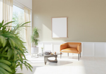 The light from the outside hit theframe on wall of the room and the sofa located inside. give a warm atmosphere.3d rendering.