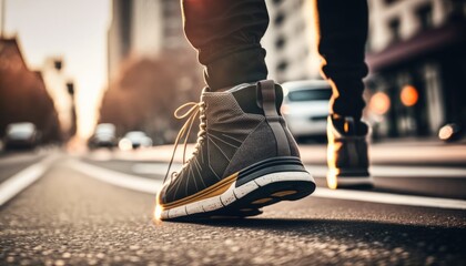 close up sport sneaker of man walking on street, AI generative