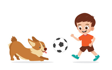 Cute little kid boy play with pet dog vector illustration