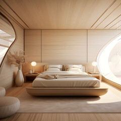 Interior design rendering of a yacht bedroom cabin