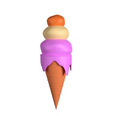 3d Ice Cream icon, ice cream with blueberry and vanilla chocolate flavor, with crispy cone, 3d rendering, 3d blander, 3d icon, 3d illustration