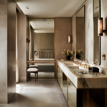 Bright elegant bathroom interior in a luxury house. AI generated content
