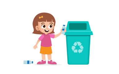 Cute little girl throw trash to trash bin vector illustration