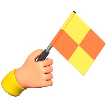 3d hand gesture of the referee waving the offside flag, offside flag icon in soccer, flag used by the linesman in soccer, yellow and orange checkered flag, 3d icon, 3d rendering, 3d blander