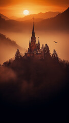 Obraz premium vertical frame, view of the ancient European medieval castle of the princess from the fairy tale in the mountains in the forest and fog landscape