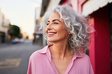 The psychology of accepting yourself, your body and age. 55 year old woman walking on the city street. Happiness and confidence. Smiling caucasian woman while walking around the city.