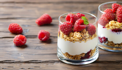 Dessert in glass with cream, muesli and raspberries on a wooden background