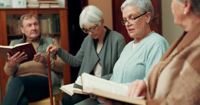 Praying, worship and discussion with people in bible study for support, Christian and spiritual. Community, faith and religion with prayer group in church for connection, hope and meeting together
