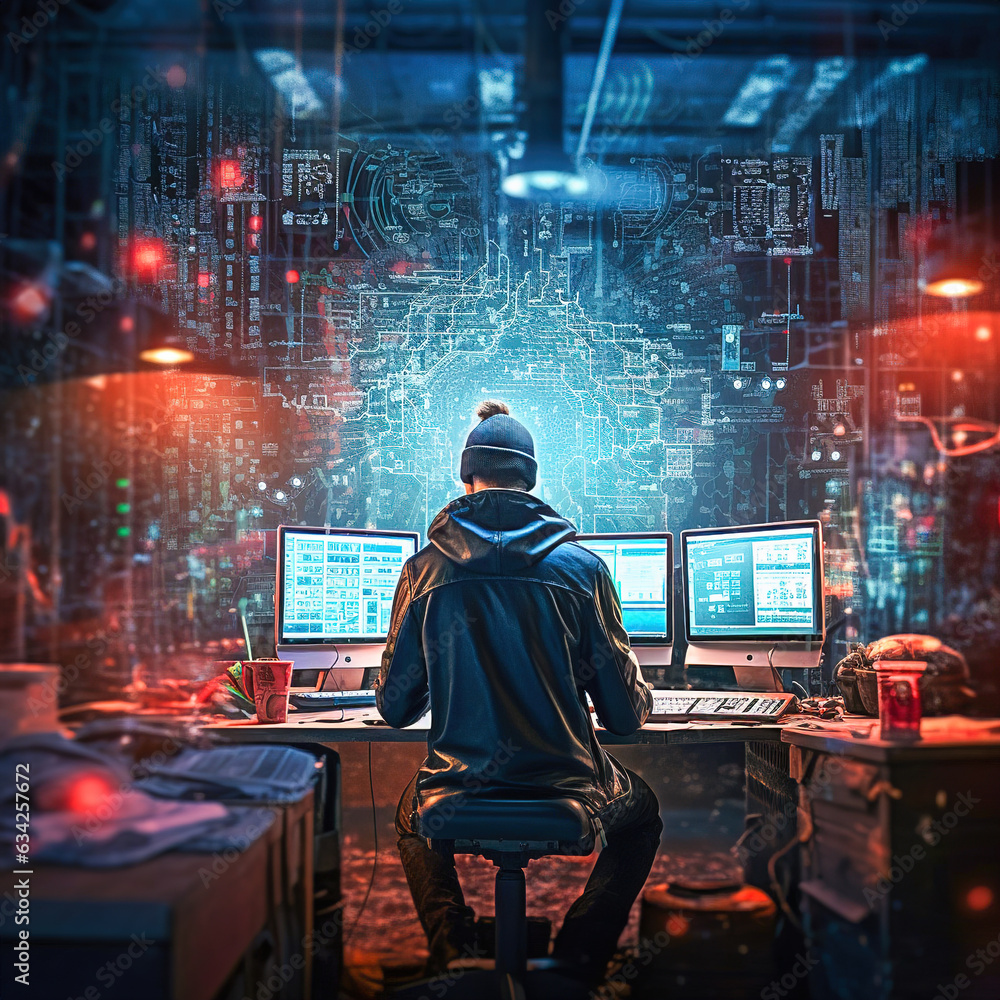 Poster a male programmer works at a computer. world wide web.