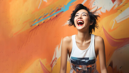 Female black hair wearing sportswear on colorful background