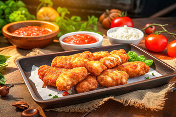 Lula-kebab of breaded chicken meat with sauce.