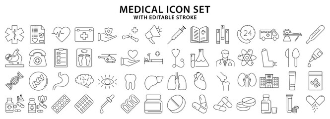 Obraz premium Medical icons. Set icon about medical. Medical line icons. Vector illustration. Editable stroke.