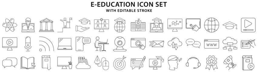 E-Education icons. E-Learning icons. Set icon about e-learning. E-learning line icons. Vector illustration. Editable stroke.