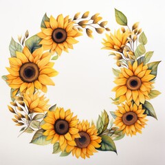 Sunflower wreath round frame of yellow flowers watercolor illustration