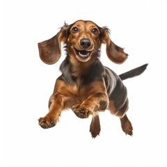 The purebred dog is very happy jumping on a white background. Generated by AI