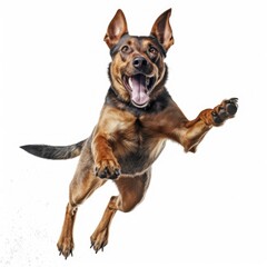 Obraz premium The purebred dog is very happy jumping on a white background. Generated by AI
