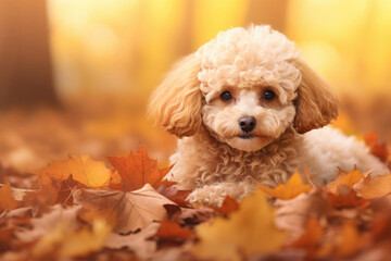 Poodle lying in an autumn park