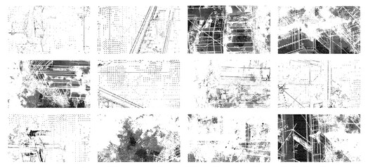Fototapeta premium Overlay textures set stamp with grunge effect. Old damage Dirty grainy and scratches. Set of different distressed black grain texture. Distress overlay vector textures. 