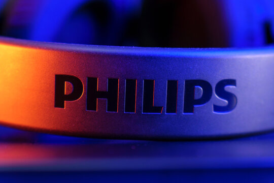 Tyumen, Russia-August 08, 2023: Philips logo brand close up. Philips is a Dutch company. Selective focus