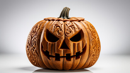 halloween pumpkin head isolated on a white background with a terrible face