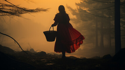 little red riding hood in the forest, a girl from a fairy tale with a basket in a forest mountain fog