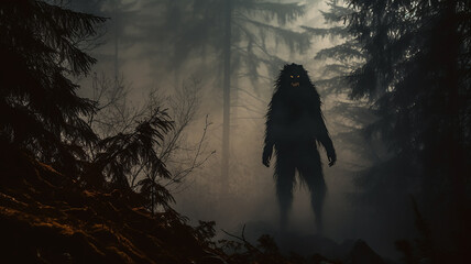 werewolf silhouette fear horror in the forest ghoul ancient horror fairy tale beast wolf predator in the fog of the night forest - obrazy, fototapety, plakaty