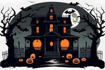 hallo ween background with house, Craft an eerie vector illustration depicting a haunting scene under the light of a full moon. A sinister, dilapidated haunted house stands against the night sky, cast