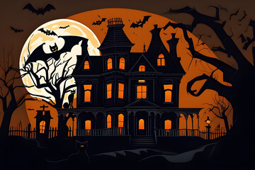 hallo ween background with pumpkin,Craft an eerie vector illustration depicting a haunting scene under the light of a full moon. A sinister, dilapidated haunted house stands against the night sky, cas