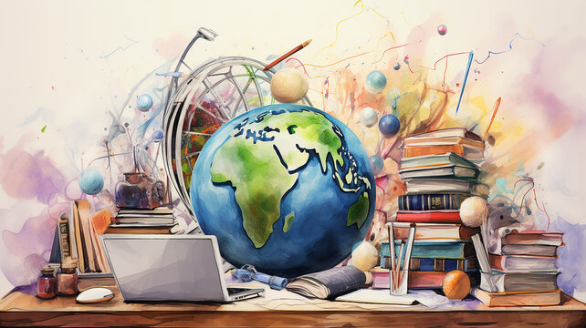 illustration, complex background global education, laptop and international learning system