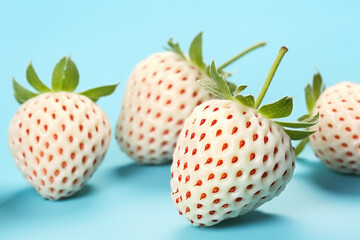 Pineberry, a white strawberry cultivar on blue background
