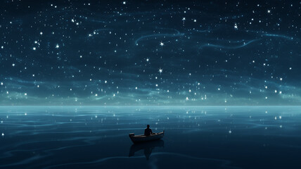 Obraz na płótnie Canvas man in a boat sea and starry sky at night with reflection, dream sleep picture in imagination