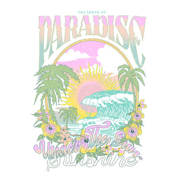 Women's Graphics Tee For summer beach paradise vector prints,  Beach Paradise Print T-shirt Graphics Design, typography slogan on palm trees background for summer fashion