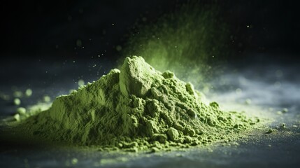 Green matcha powder. Powdered natural food - obrazy, fototapety, plakaty