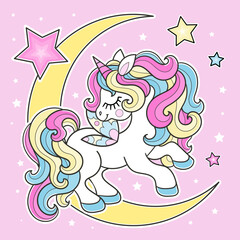 Obraz na płótnie Canvas A cartoon unicorn with a rainbow mane is jumping on the moon with stars. Magic theme. For kids poster print design. cards, stickers, puzzles, etc. Vector illustration.