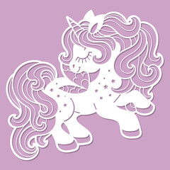 Beautiful unicorn. Template for laser cutting of paper, cardboard, wood, metal. For the design of postcards, interior decorations, stencils, silkscreen printing, etc. Vector