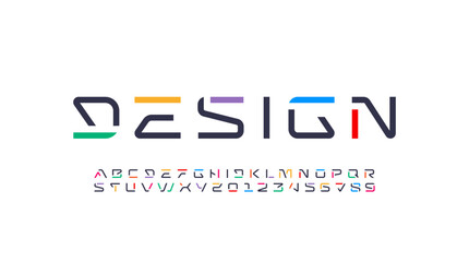 Tech font, digital alphabet, thin Latin letters A-Z and Arab numerals 0-9 made in design cyber future, vector illustration 10EPS