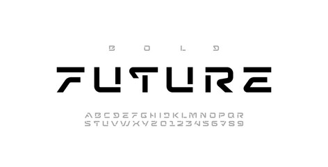 Fototapeta Tech font, digital alphabet, thin Latin letters A, B, C, D, E, F, G, H, I, J, K, L, M, N, O, P, Q, R, S, T, U, V, W, X, Y, Z and Arab numerals 0, 1, 2, 3, 4, 5, 6, 7, 8, 9 made in design cyber future obraz