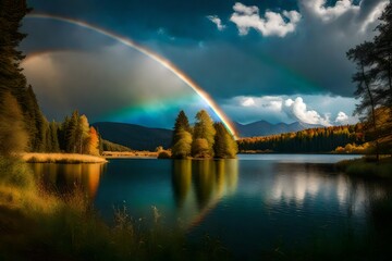 Naklejka na ściany i meble rainbow over the beautiful lake generated by AI tool