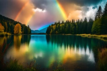rainbow over the beautiful lake generated by AI tool