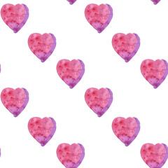 Fototapeta premium Seamless pattern of watercolor pink hearts. Hand drawn illustration in diagonal line. Hand painted elements on white background.
